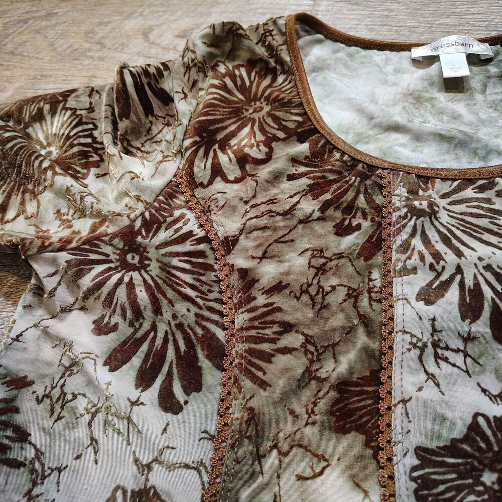 Womens Boho Floral Velvet Top Size L Earthy Brown Cottagecore Festival Hippie - Picture 6 of 8